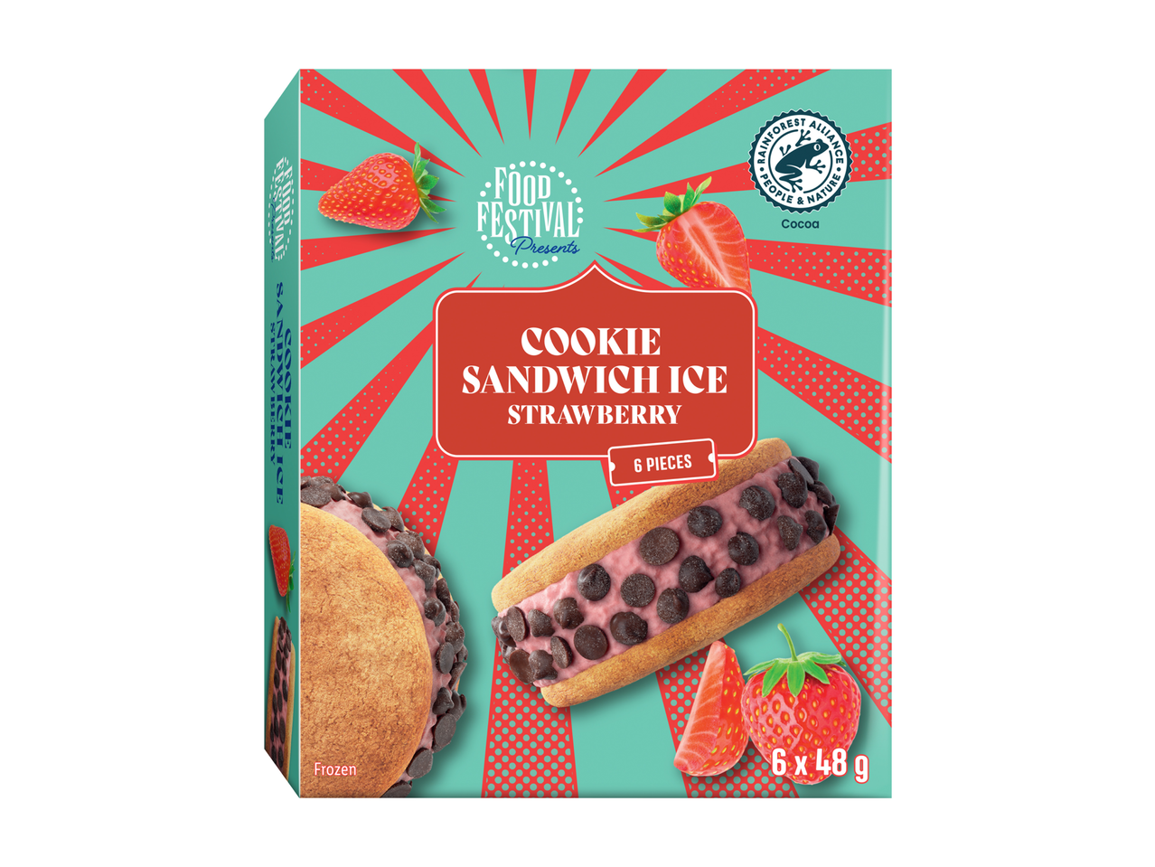 Food Festival Strawberry Cookie Sandwich Ice, 6 stuks, 6 x 48g, Rainforest Alliance gecertificeerd.