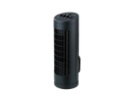 Black tower fan with control buttons on top, including power, speed, and oscillation.