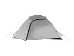 A light grey camping tent with black zippers and guy lines, set up against a white background.