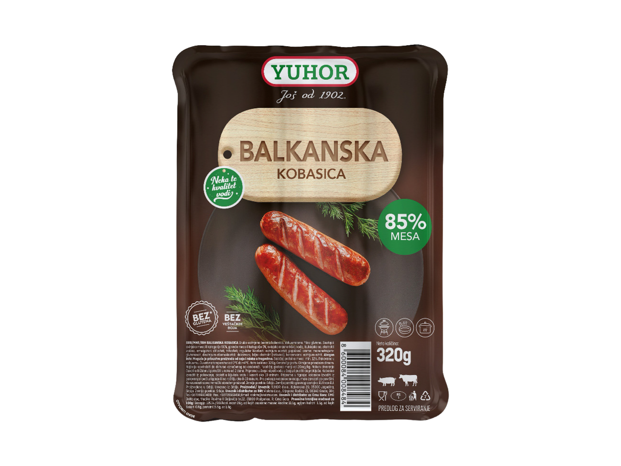 Pakovanje balkan kobasica sa 85% mesa, bez glutena i veštačkih boja, neto težine 320g.