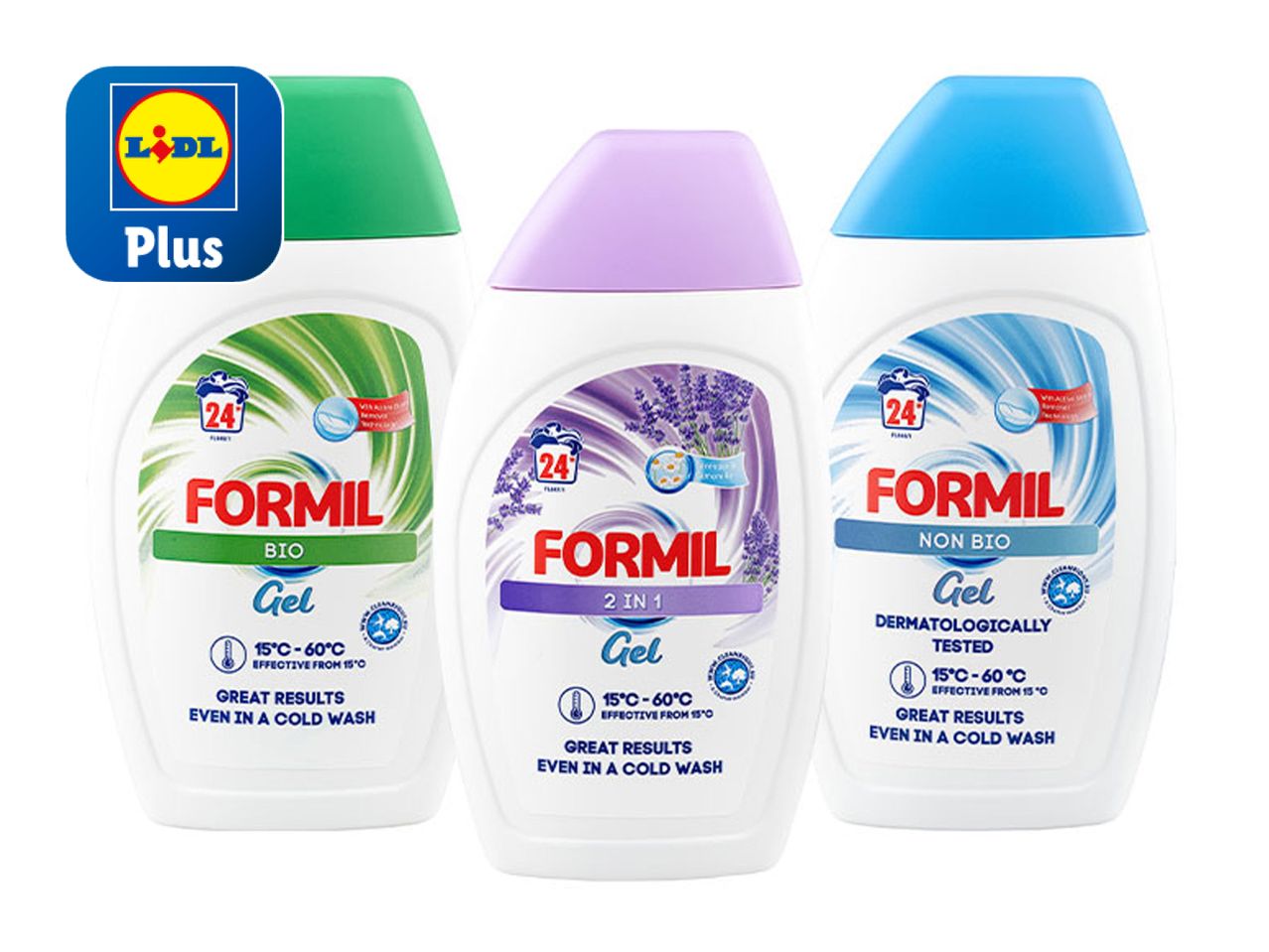 Three bottles of Formil laundry detergent gel in different scents from Lidl.