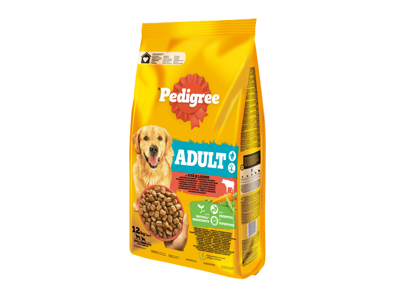 O pungă mare de hrană uscată pentru câini adulți, cu vită și legume, 12 kg.