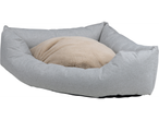 Confortável cama para cachorro cinza claro com almofada interna bege.