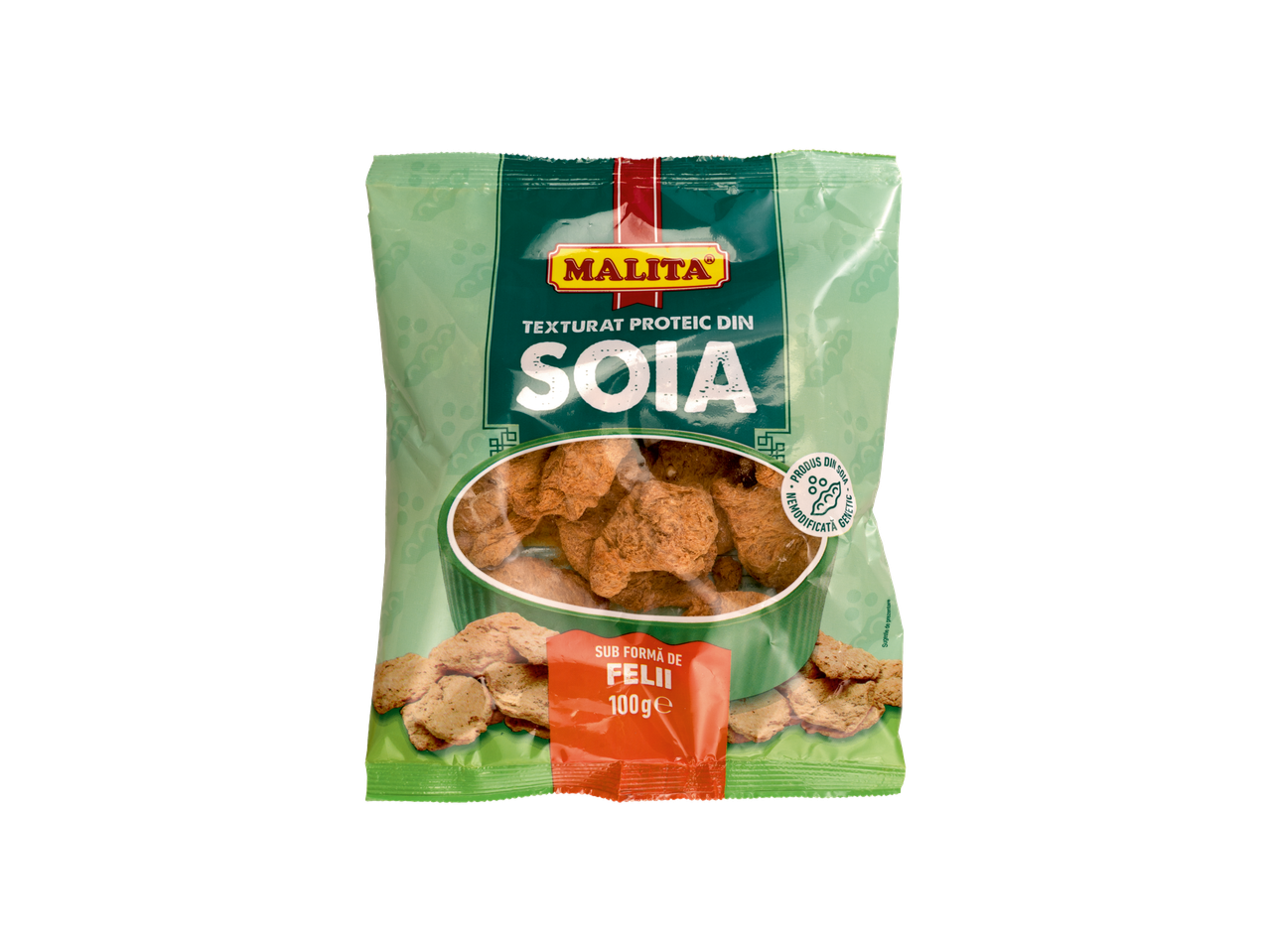 MALITA soia texturată felii într-un ambalaj verde și roșu, 100g.