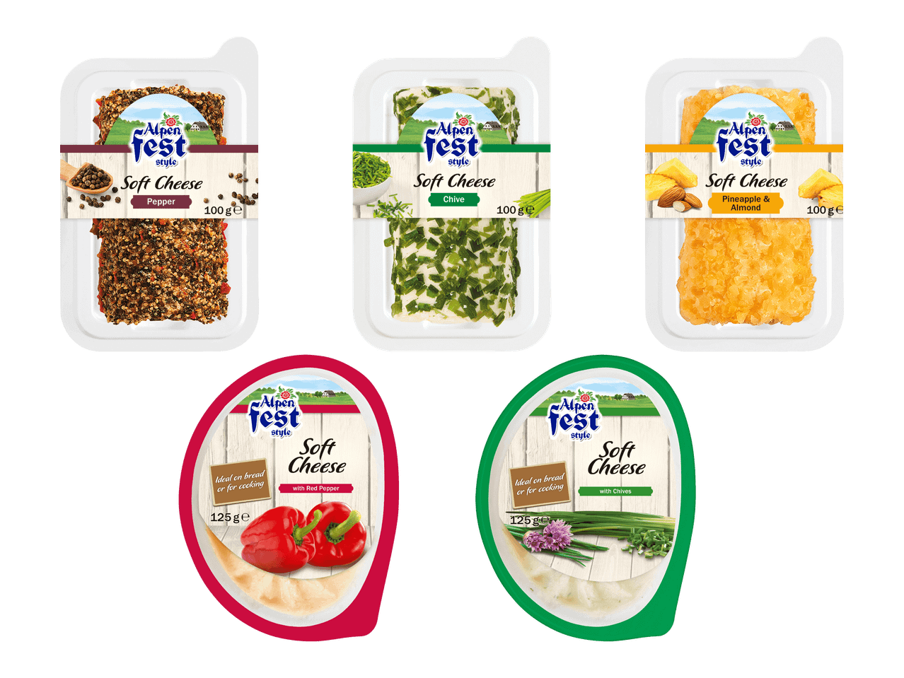 Viisi Alpenfest-tuotemerkin tuorejuustopakettia, joissa on eri makuja, kuten pippuri, ruohosipuli, ananas-manteli, punainen paprika ja ruohosipuli.
