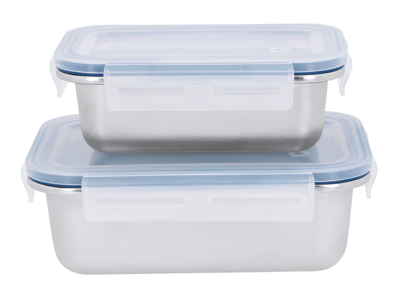 Two rectangular stainless steel food containers with clear plastic lids and blue seals.