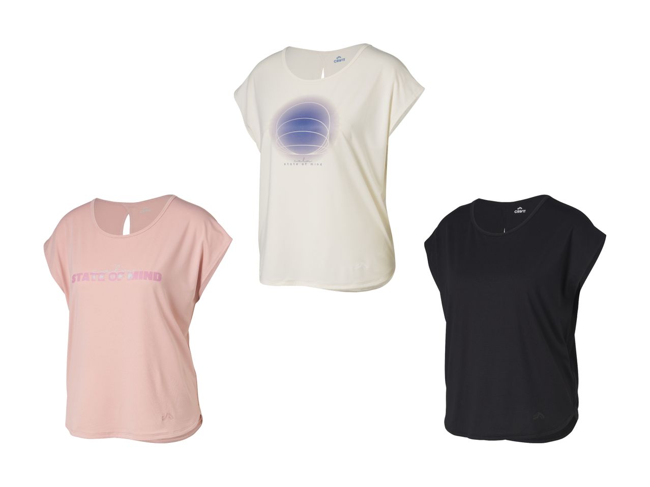 Drei Crivit Damen-T-Shirts in Rosa, Weiß und Schwarz mit State-of-Mind-Motiv.