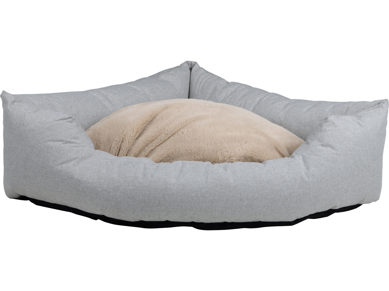 Uma cama triangular para animais de estimação, cinza e bege.