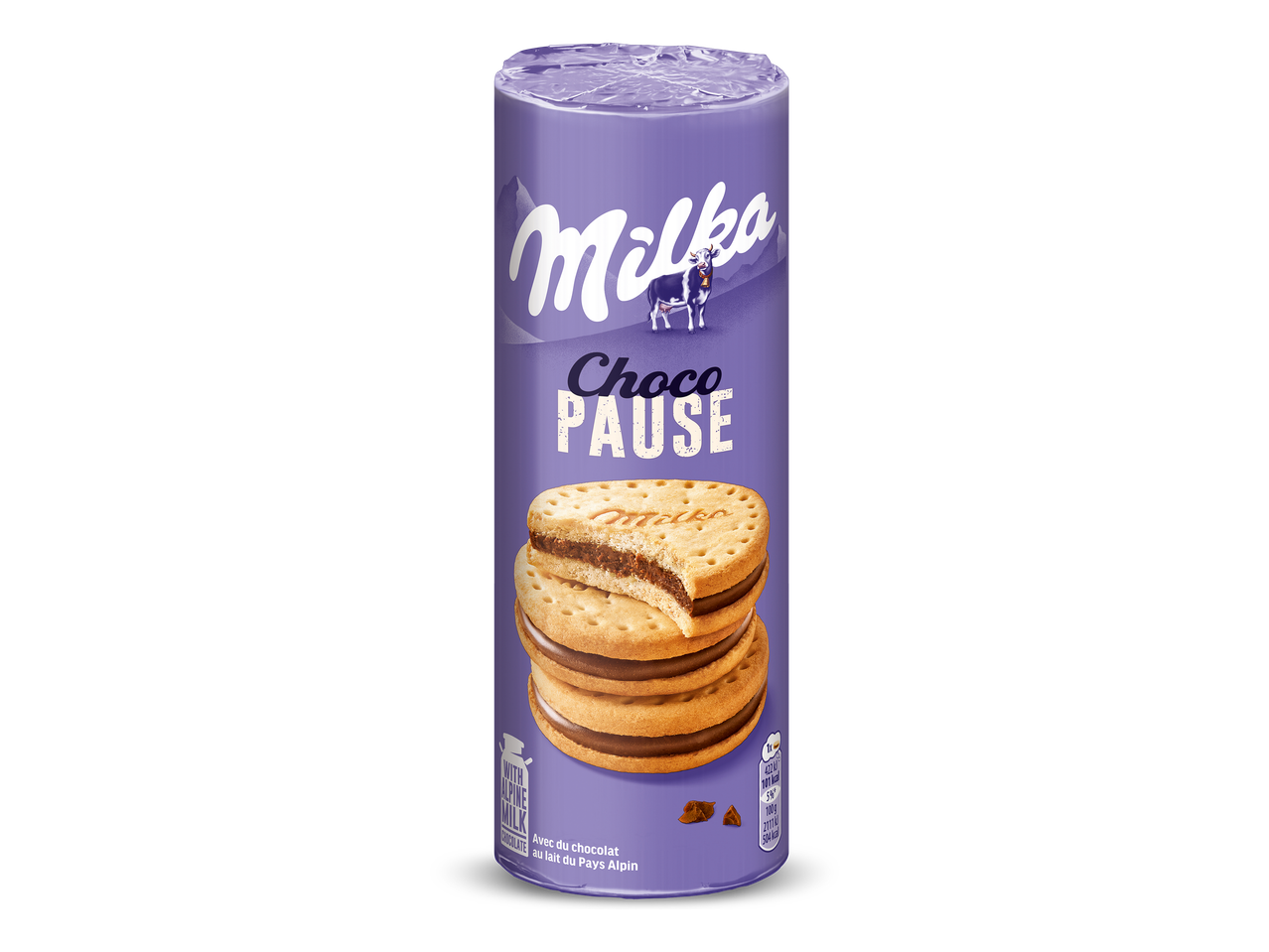Paarse verpakking met koekjes gevuld met chocoladecrème, met de tekst 'Choco Pause'.