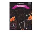 Scratch art kit featuring animals like a giraffe and fox, with 12 sheets and a pen.
