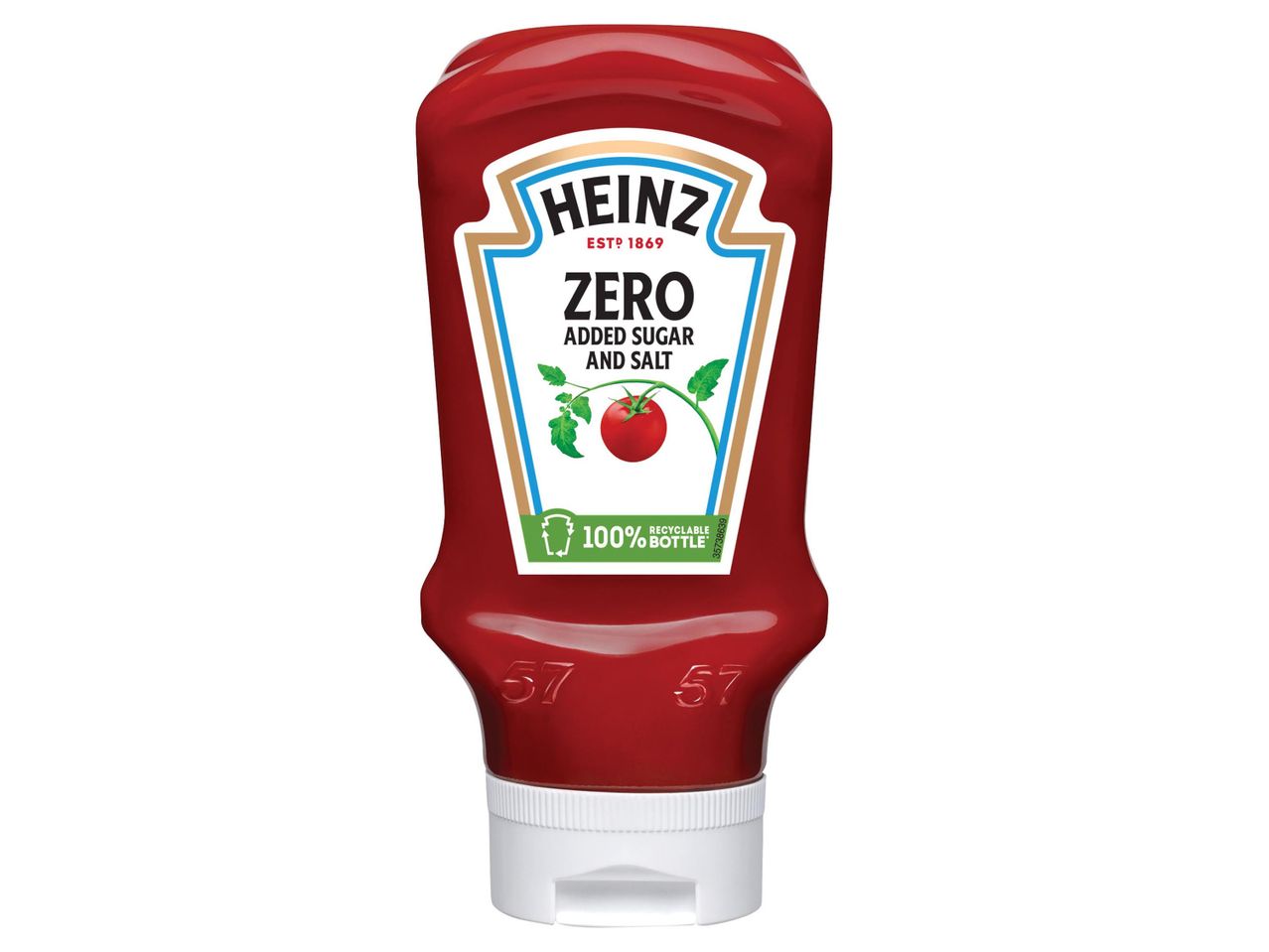 Heinz Zero hozzáadott cukor és só nélküli ketchup üveg.