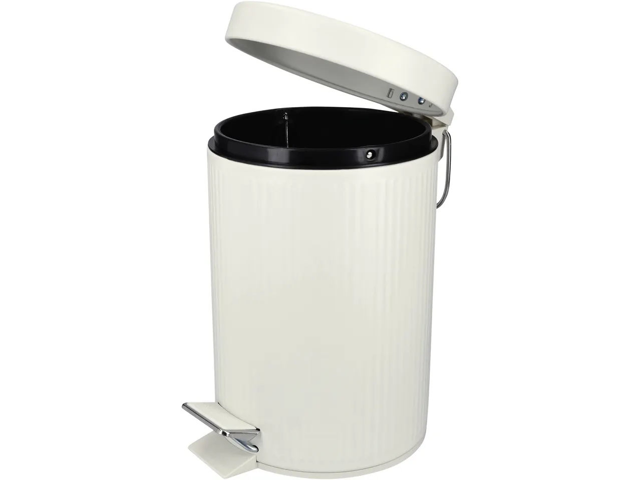 Livarno kreemjas pedaaliga prügikast avatud kaane ja musta sisemusega.