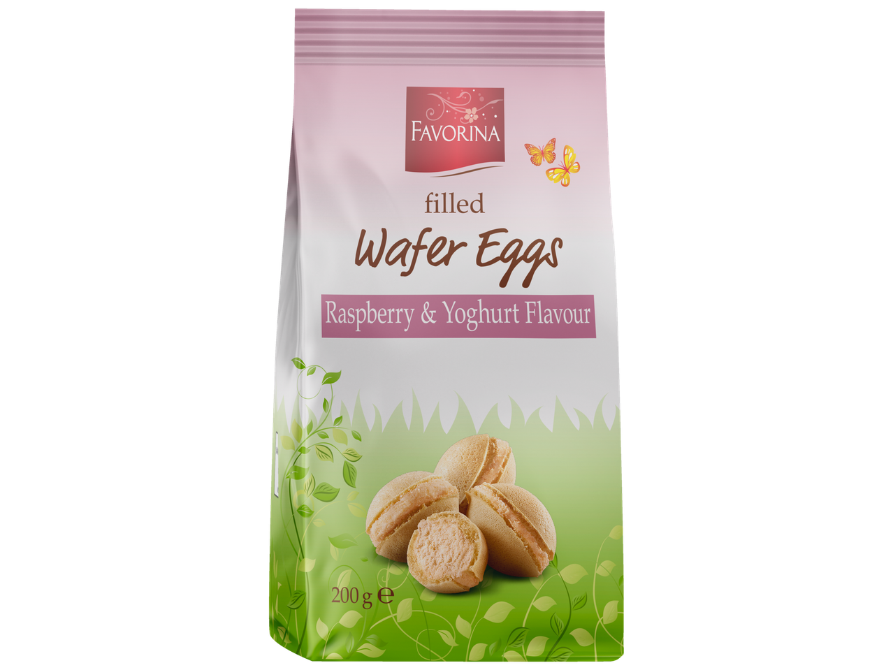 Favorina vafliniai kiaušiniai su aviečių ir jogurto skoniu, 200g.