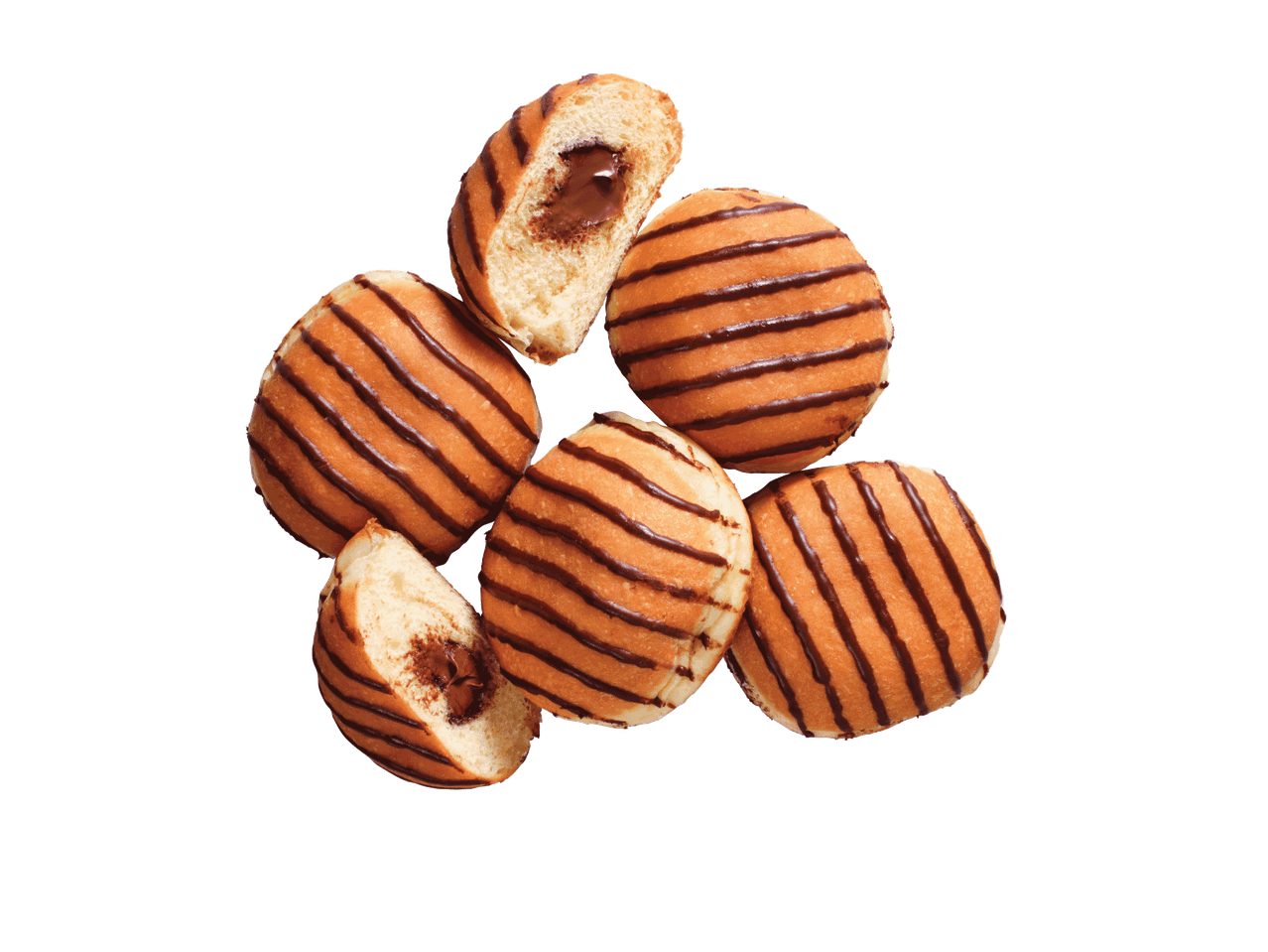 Šokoladu glaistytos spurgos su šokoladiniu įdaru, viena perpjauta.