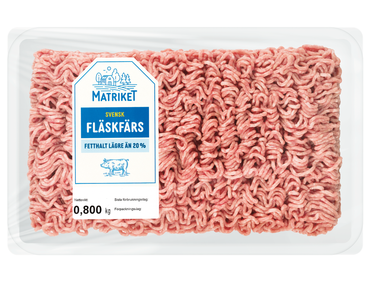 Förpackning med svensk fläskfärs från Matriket, 0,8 kg, med mindre än 20% fetthalt.
