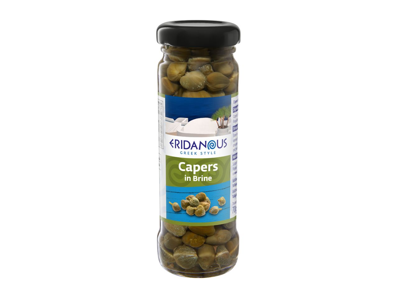 Jar of capers in brine, with a Greek-style label featuring a white building and pine trees.