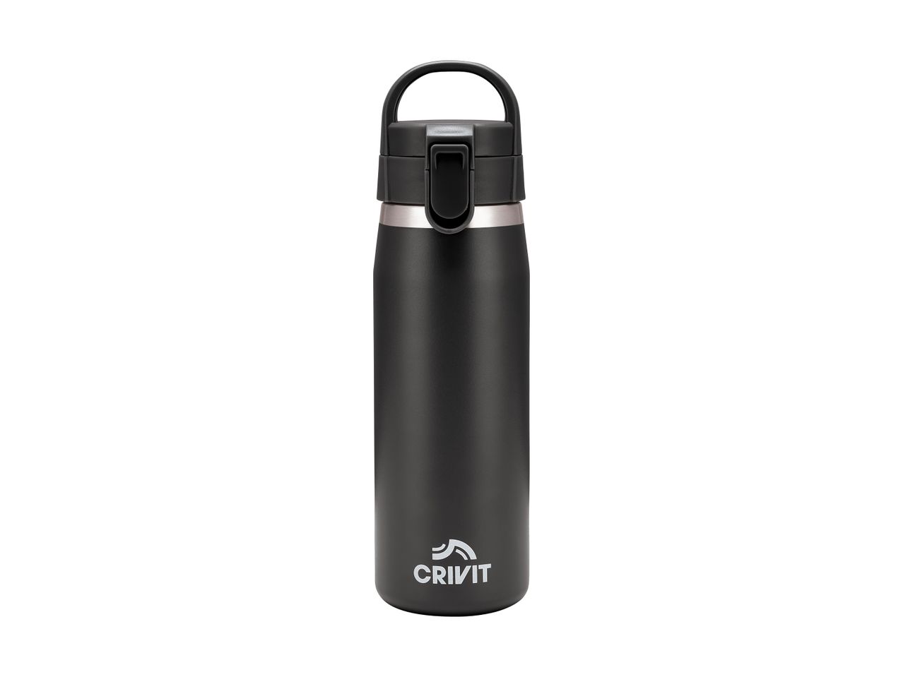Black insulated water bottle with a handle and a silver band around the neck