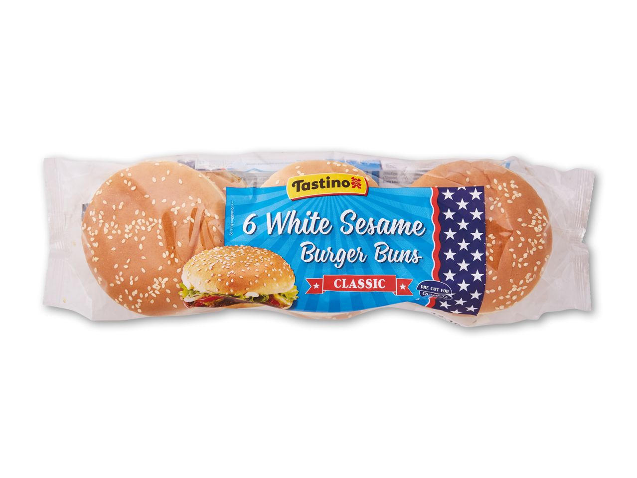 Pakke med 6 hvide sesamburgerboller, mærket 'CLASSIC' og 'PRE CUT FOR CONVENIENCE'.