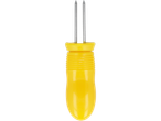 Espeto duplo de plástico amarelo com pontas metálicas.