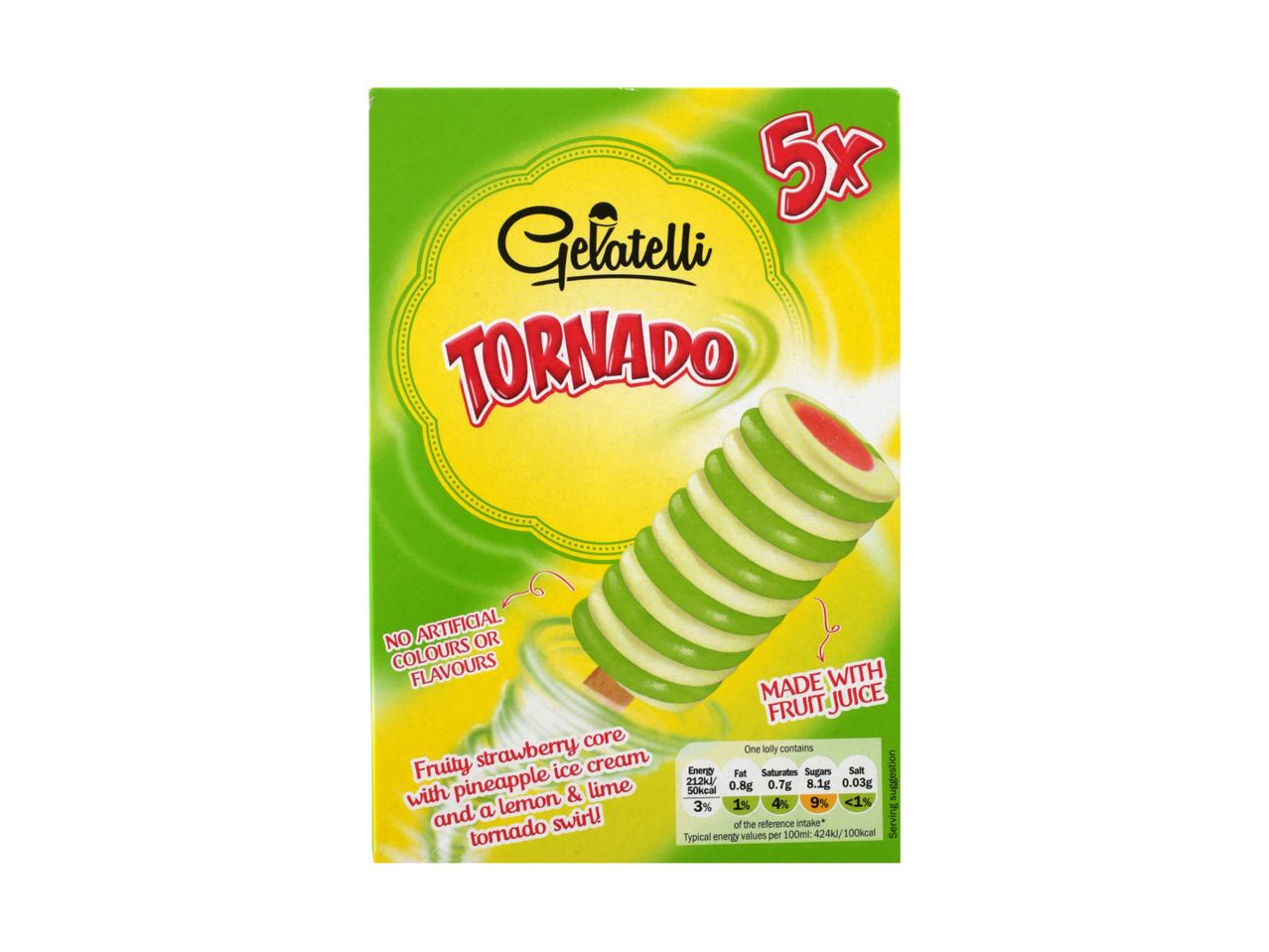 Box of 5 fruit ice lollies with strawberry, pineapple, lemon, and lime flavors.