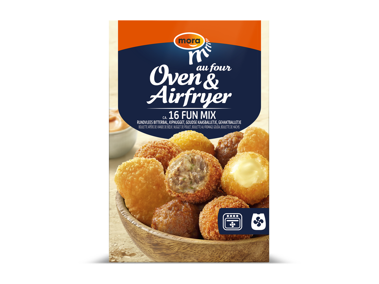 Een verpakking met een mix van 16 oven- en airfryer snacks, waaronder bitterballen, kipnuggets en kaasballetjes.