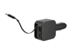 Zwarte autolader met USB-A en USB-C poorten, en een aangesloten oplaadkabel.