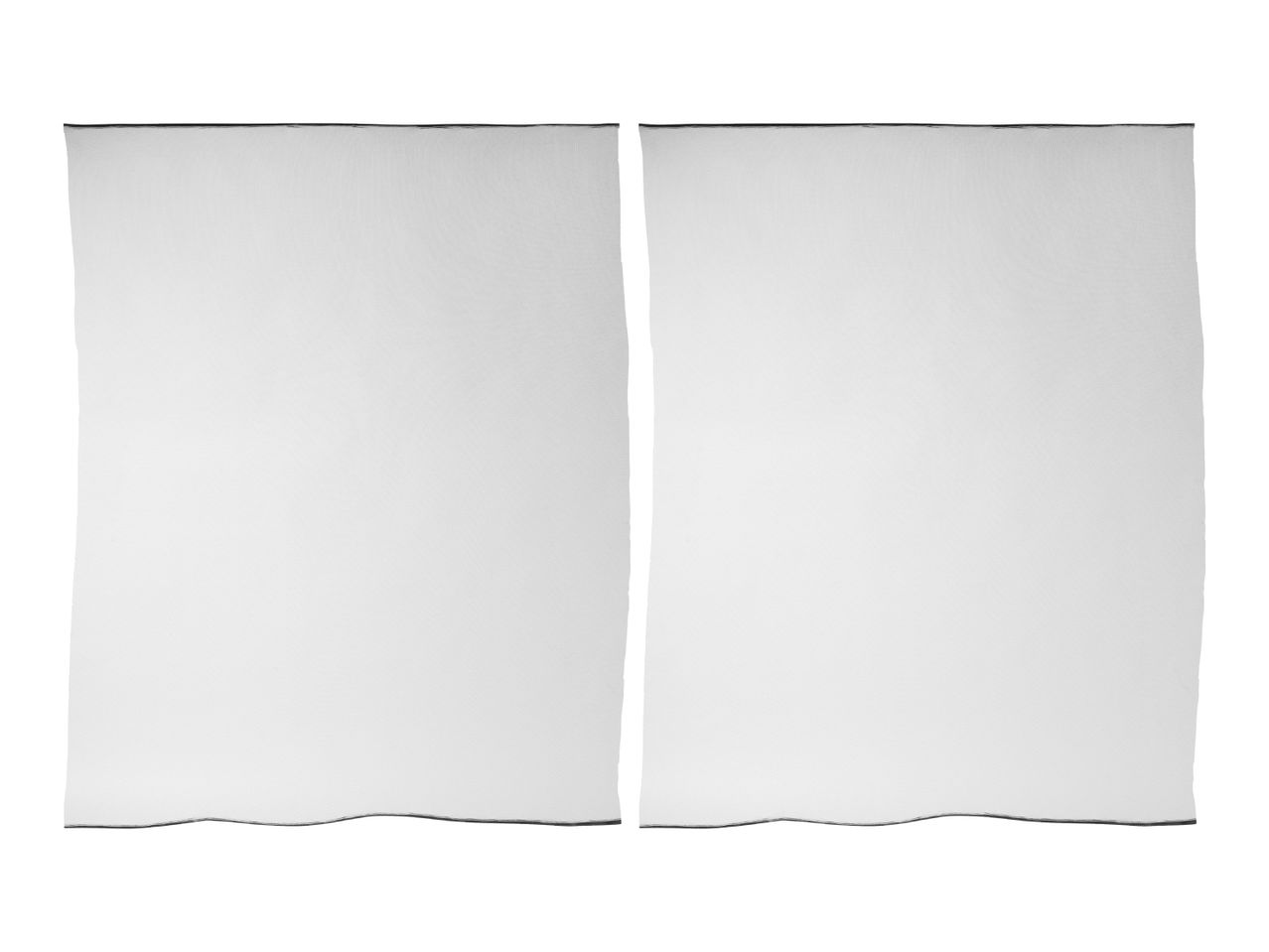 Two white sheer curtains with black trim, isolated on a white background.