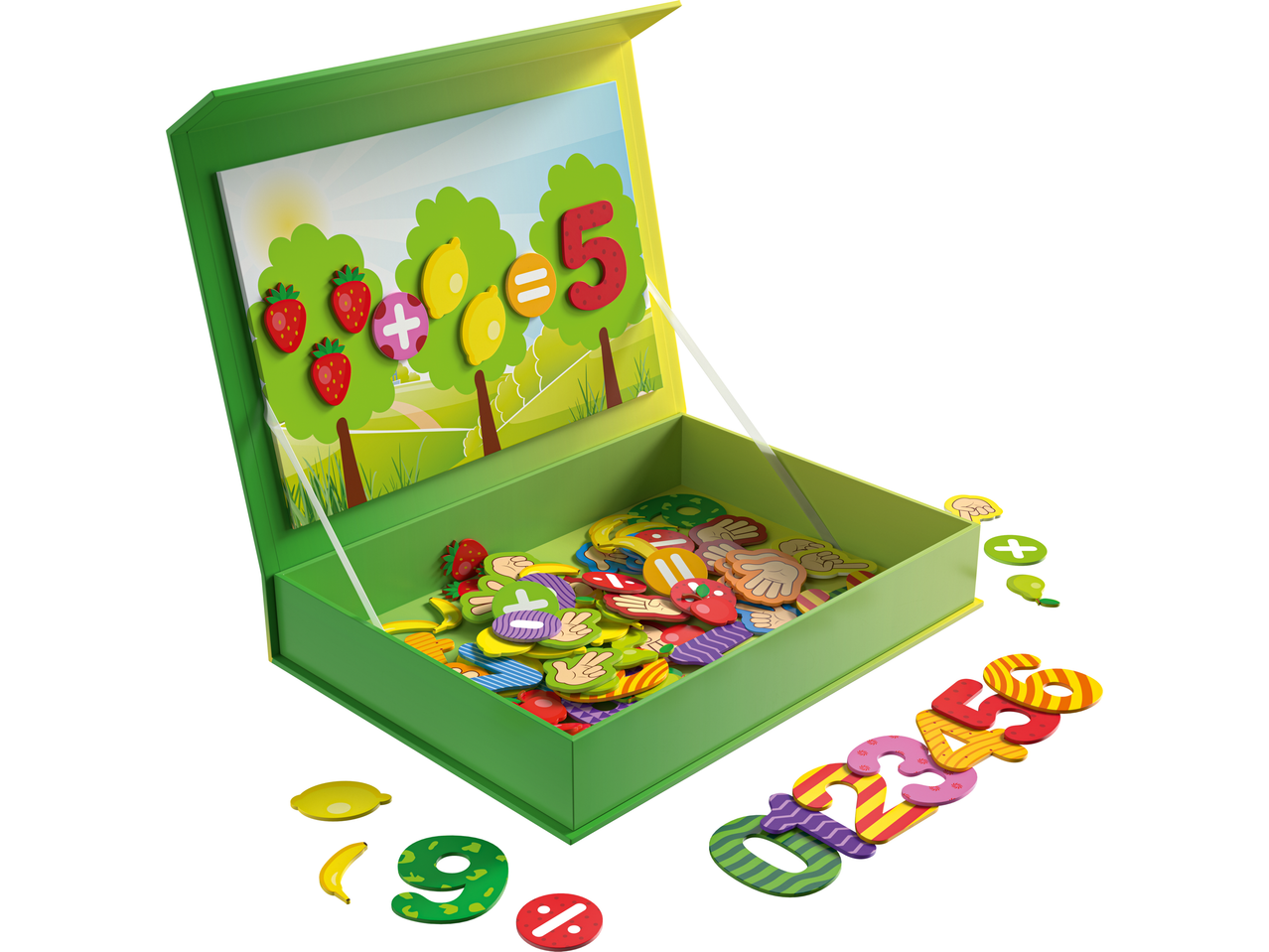 Numere și simboluri matematice magnetice cu tematică fructe într-o cutie verde.