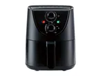 A black air fryer with two control knobs, one for temperature and one for time.