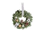 Christmas wreath with pine cones and decorative stars.