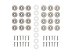 Set of screws, washers, and caps for mounting, arranged in rows on a white background.