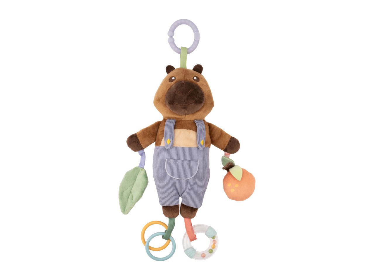 Plush capybara baby activity toy with rings, leaf, and orange attachments.
