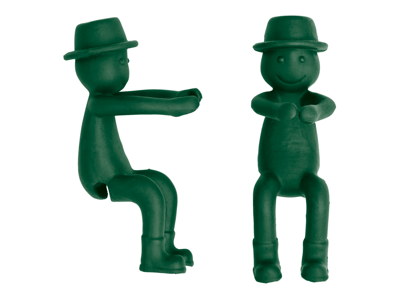 Duas figuras de jardinagem Parkside verdes com chapéus, uma sentada e outra em pé.