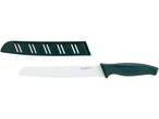 Coltello da pane seghettato verde scuro con fodero protettivo.