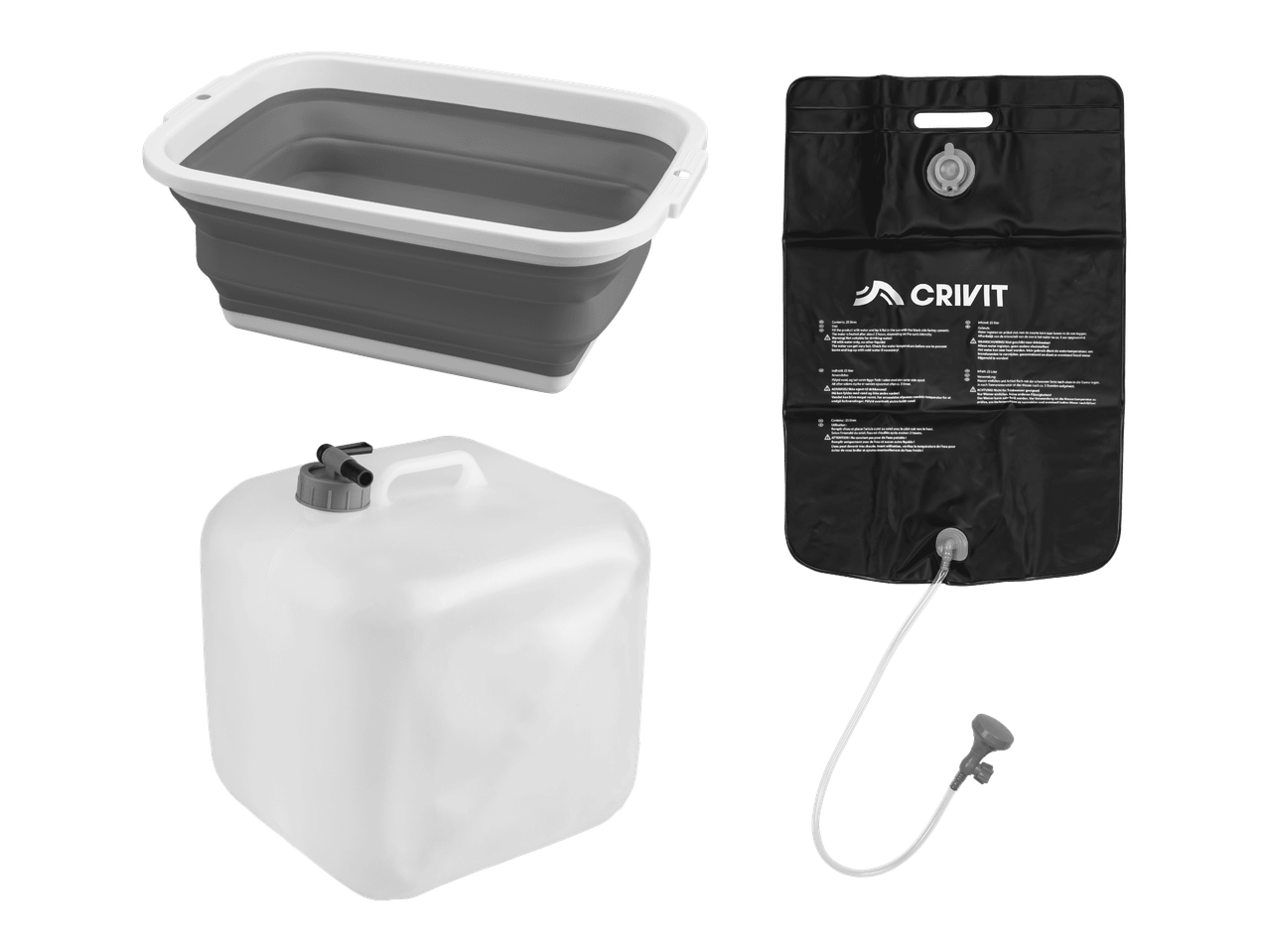 Kokoontaitettava pesuvati, vesisäiliö hanalla ja aurinkosuihku ulkokäyttöön.