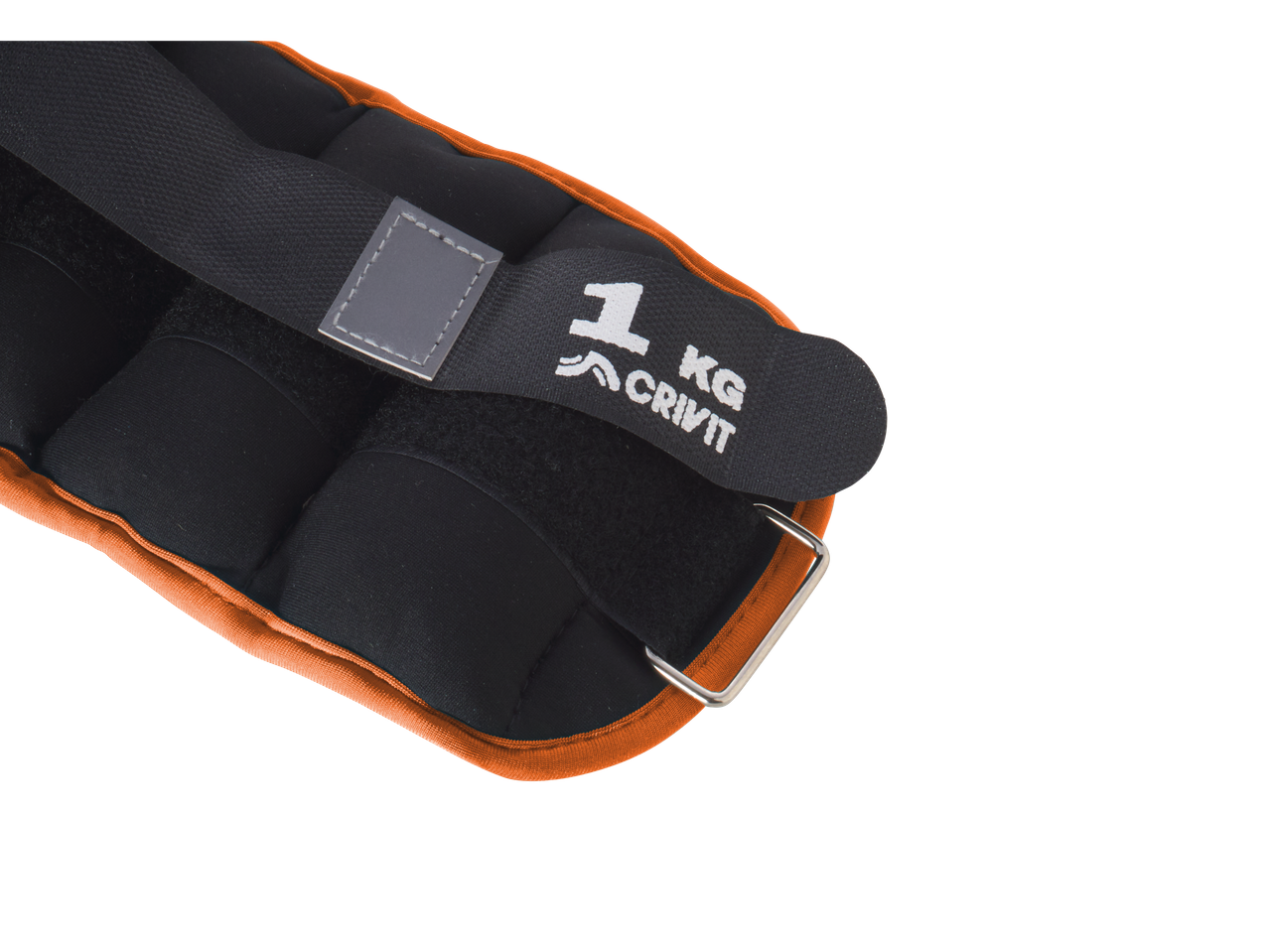 Juodas kulkšnies svoris su oranžiniu apvadu ir užrašu „1 KG CRIVIT“
