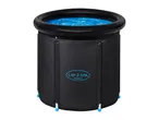 Black portable ice bath with blue water and a blue logo on the side.