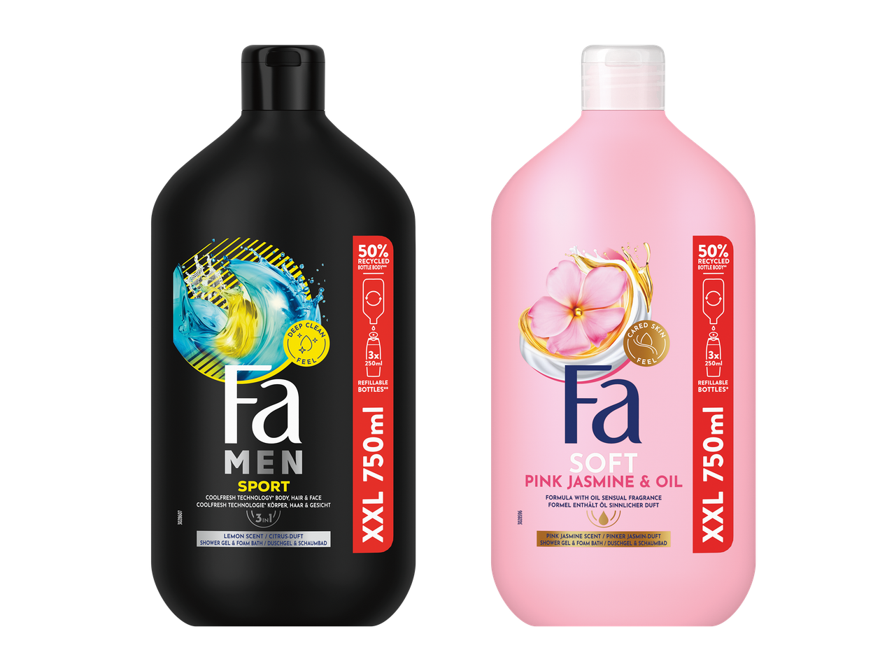 Două sticle mari de gel de duș, una neagră pentru bărbați cu aromă de lămâie și una roz pentru femei cu iasomie și ulei.