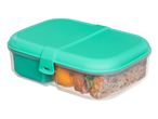 Contenitore per il pranzo verde acqua a due scomparti con cibo al suo interno.