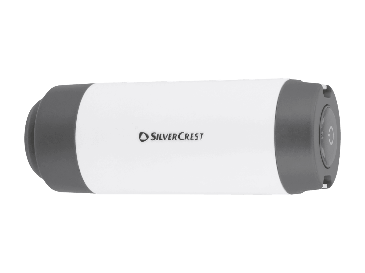 Une lampe de camping cylindrique blanche et grise avec un bouton de commande.