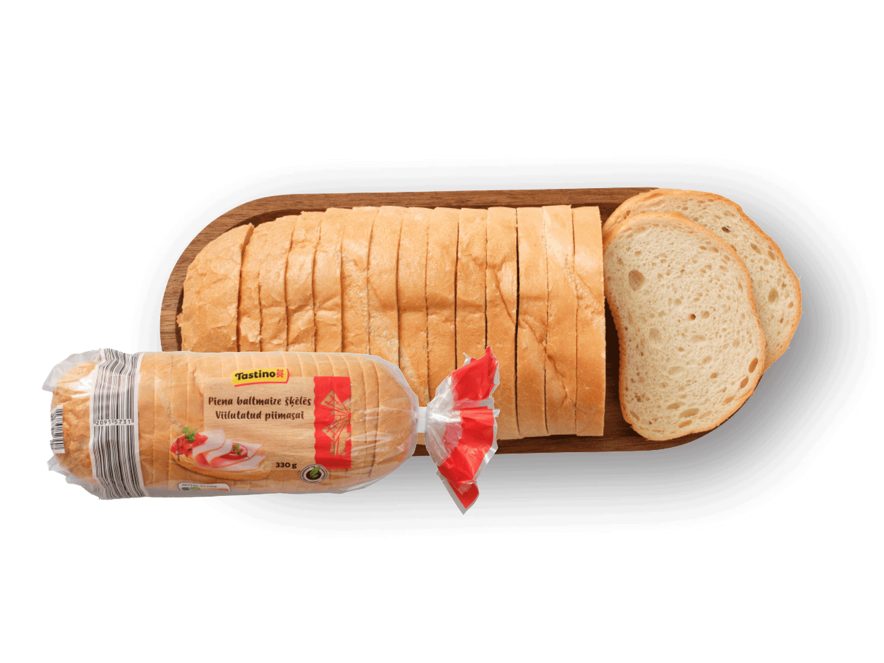 Tastino baltmaize šķēlēs uz koka dēlīša, daļa iepakojumā.