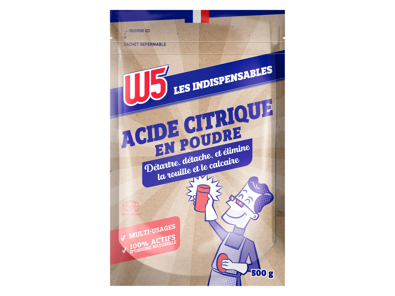 Poudre d'acide citrique W5 Les Indispensables : sachet de 500 g pour le nettoyage et le détartrage.