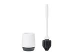 A white toilet brush and holder with a dark gray base.