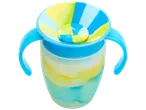 Colorful kids' cup with two handles and lid.