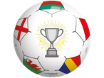 Bola de futebol JOHN com um troféu e bandeiras da Inglaterra, País de Gales, Roménia e Bielorrússia.