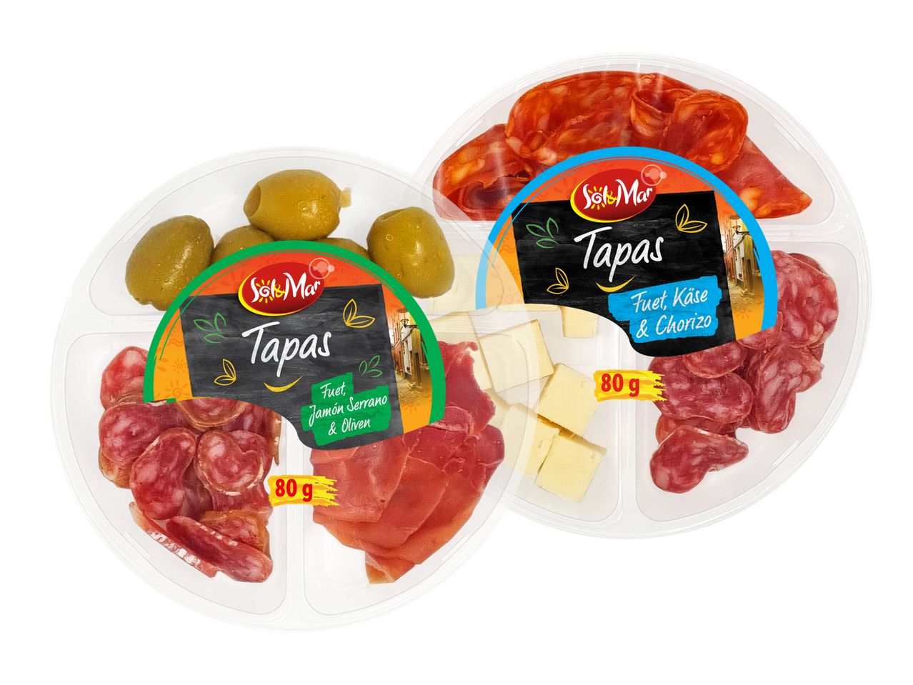 Zwei Sol&Mar Tapas-Schalen mit verschiedenen Wurstsorten, Käse und Oliven.
