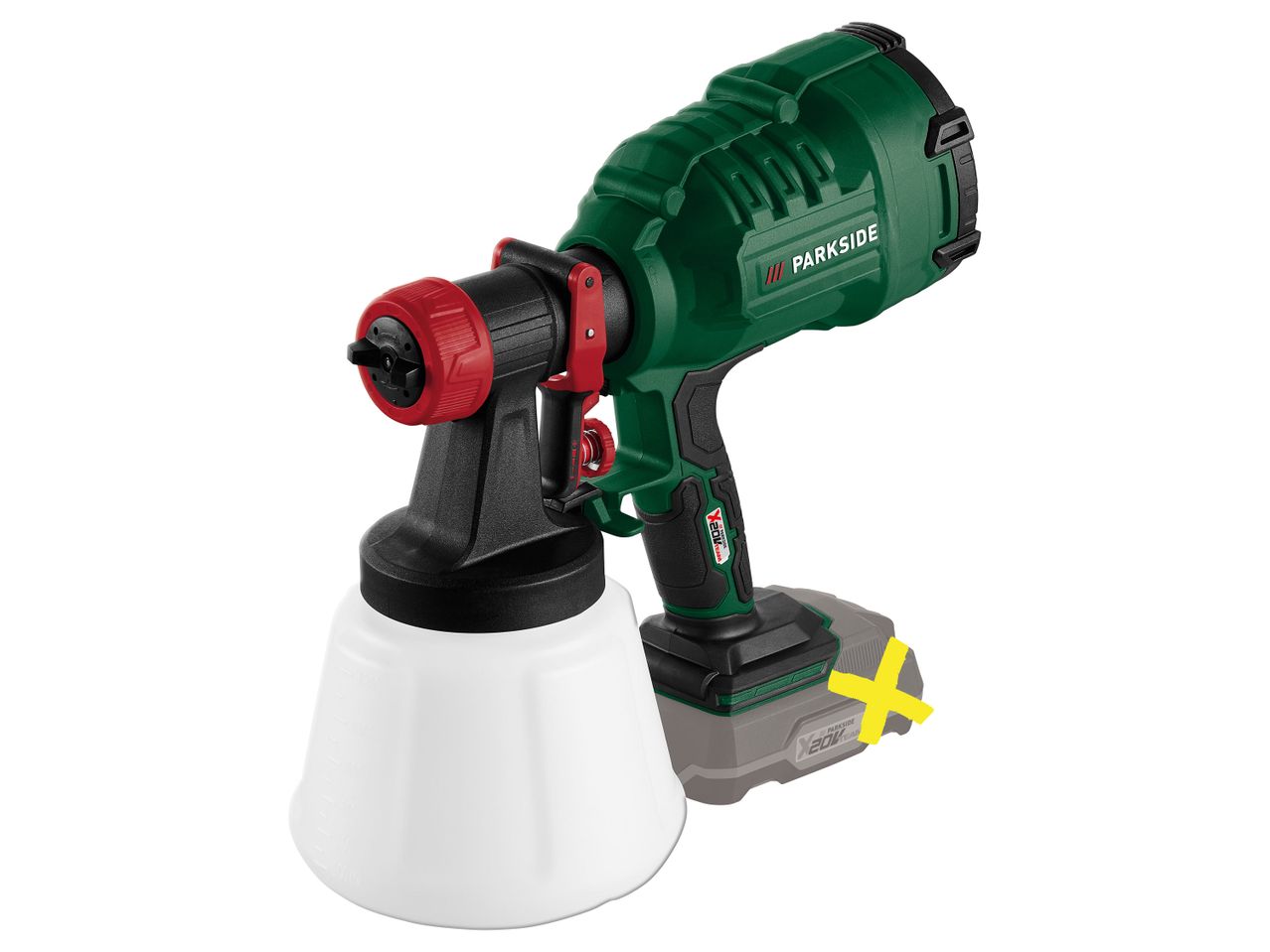 A Parkside cordless paint sprayer with a removable paint container, and a cross on the battery to indicate that it is not included.