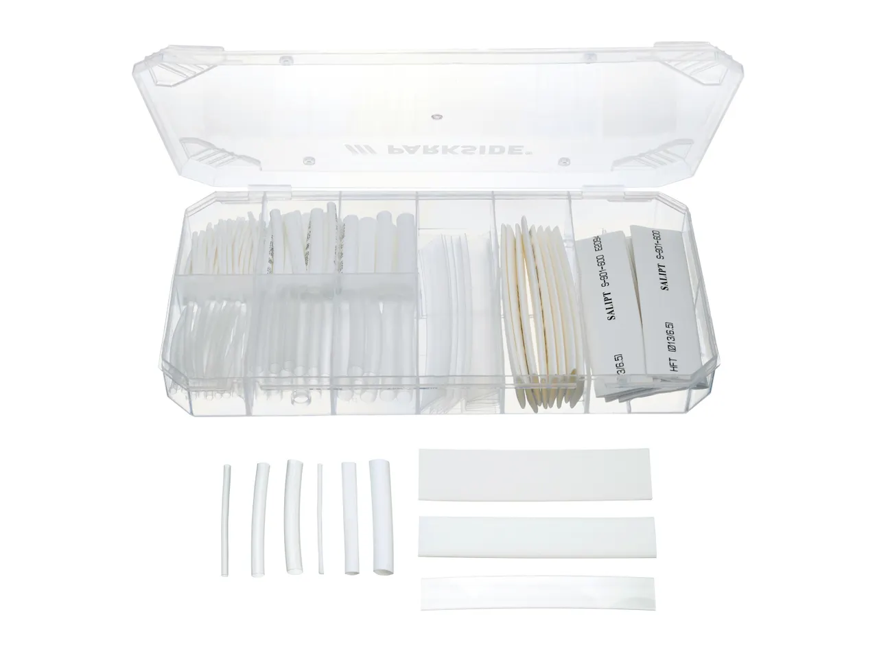 Un set di tubi termorestringenti bianchi in una scatola di plastica trasparente con il marchio Parkside.