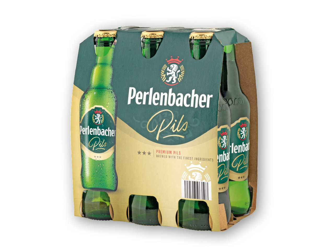 Perlenbacher Pils beer 6-pack with green bottles and gold caps