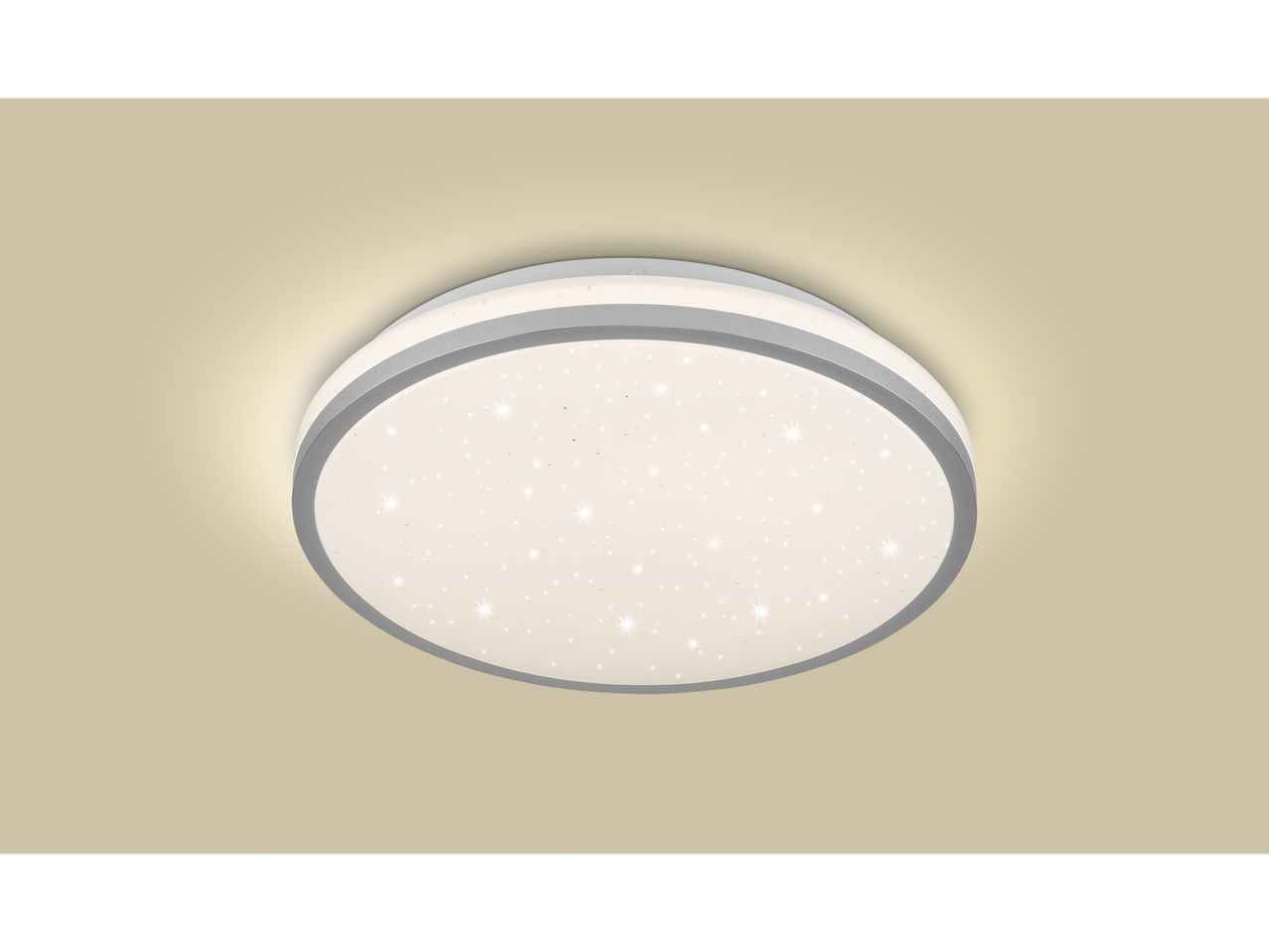 Candeeiro de teto LED redondo Livarno com efeito de céu estrelado.